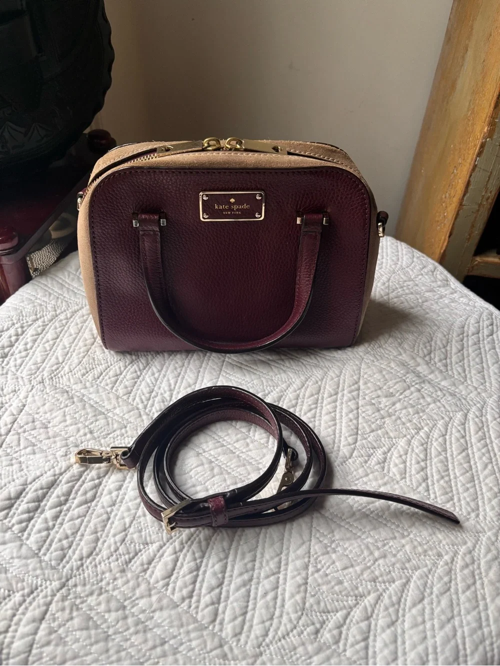 kate spade Burgundy and Beige Leather Dome Satchel with Removable Strap